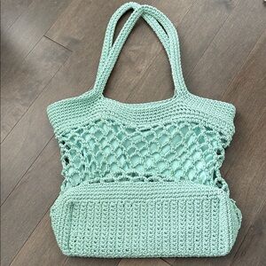 Mint Green Crochet Tote Bag, Market Purse, Beach Summer Long Strap Packable